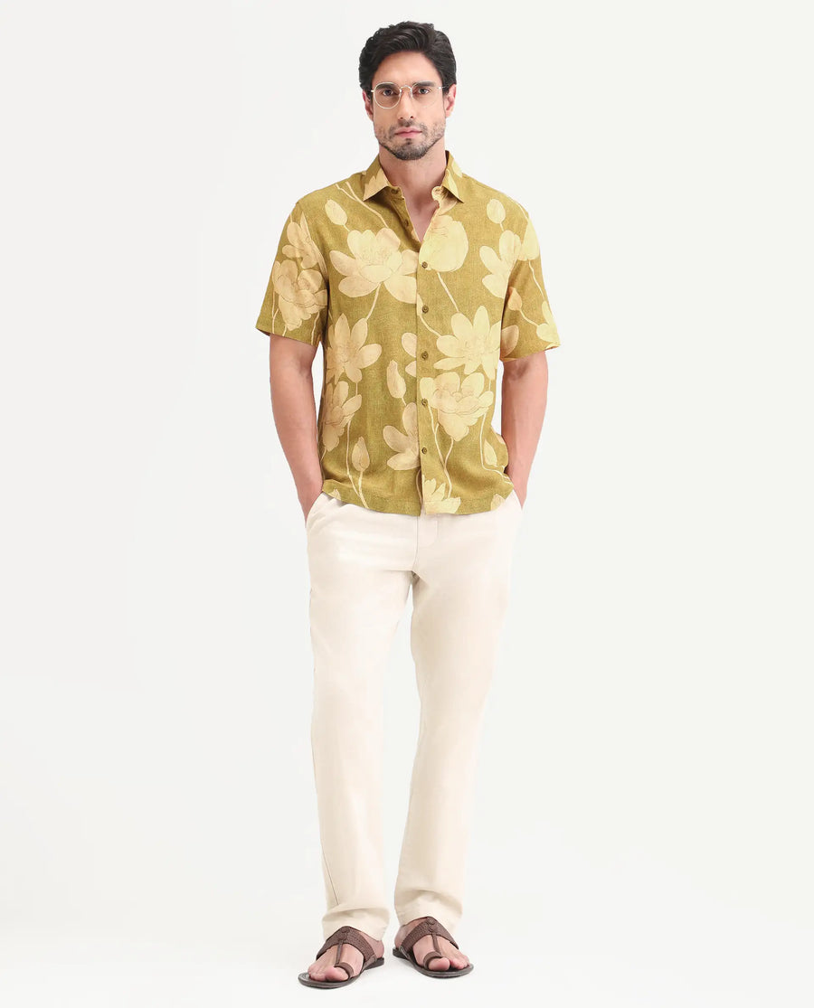 Rare Rabbit Men's Yara Light Mustard Viscose Fabric Half Sleeve Spread Collar Regular Floral Print Shirt