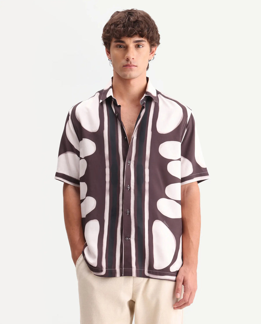 Rare Rabbit Men's Rown Brown Viscose Fabric Spread Collar Regular Abstract Print Shirt