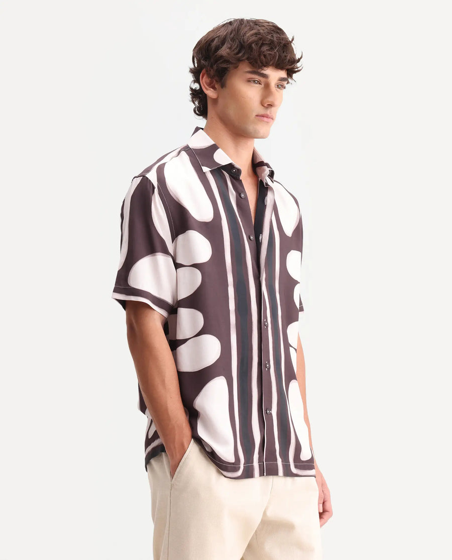 Rare Rabbit Men's Rown Brown Viscose Fabric Spread Collar Regular Abstract Print Shirt