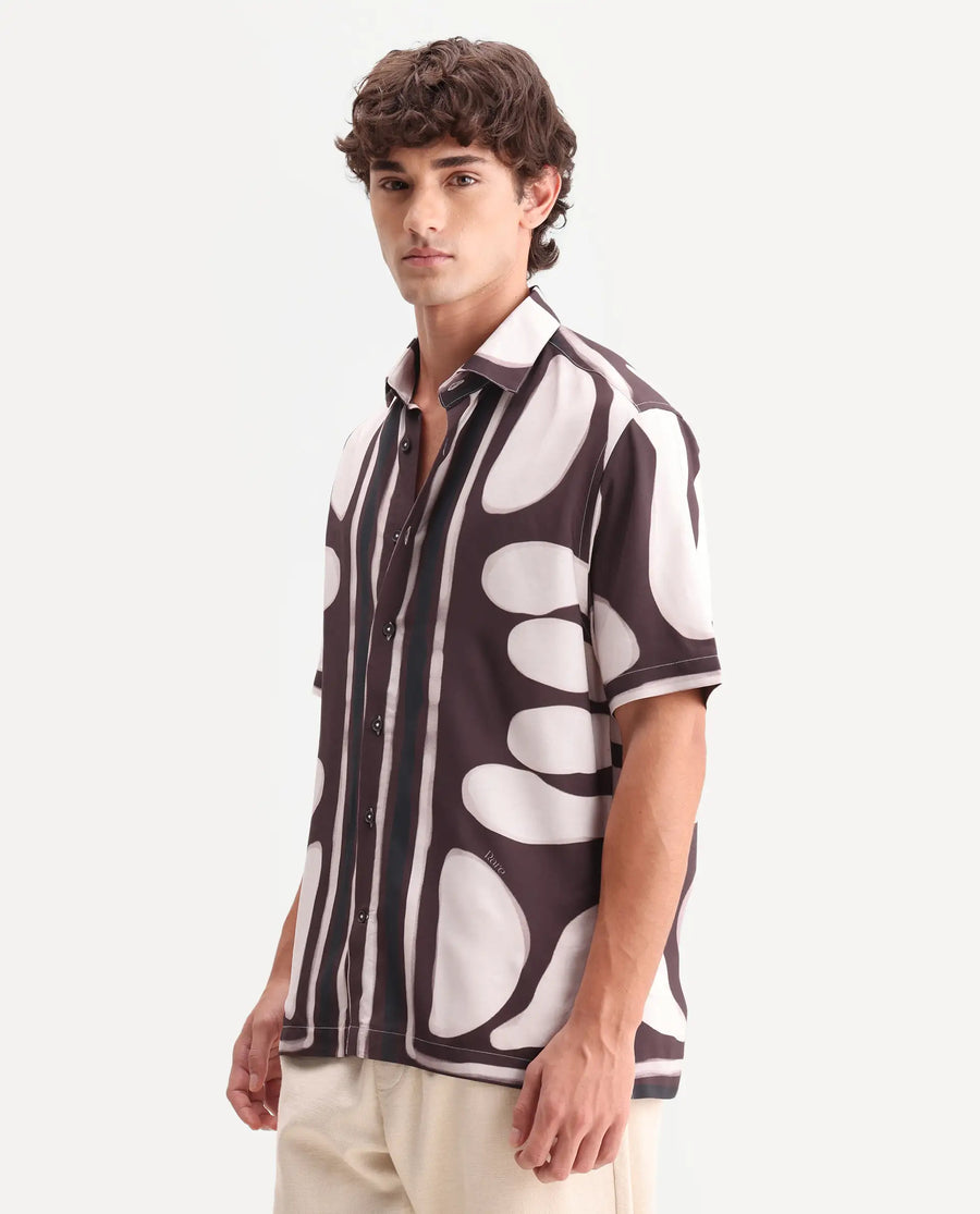 Rare Rabbit Men's Rown Brown Viscose Fabric Spread Collar Regular Abstract Print Shirt