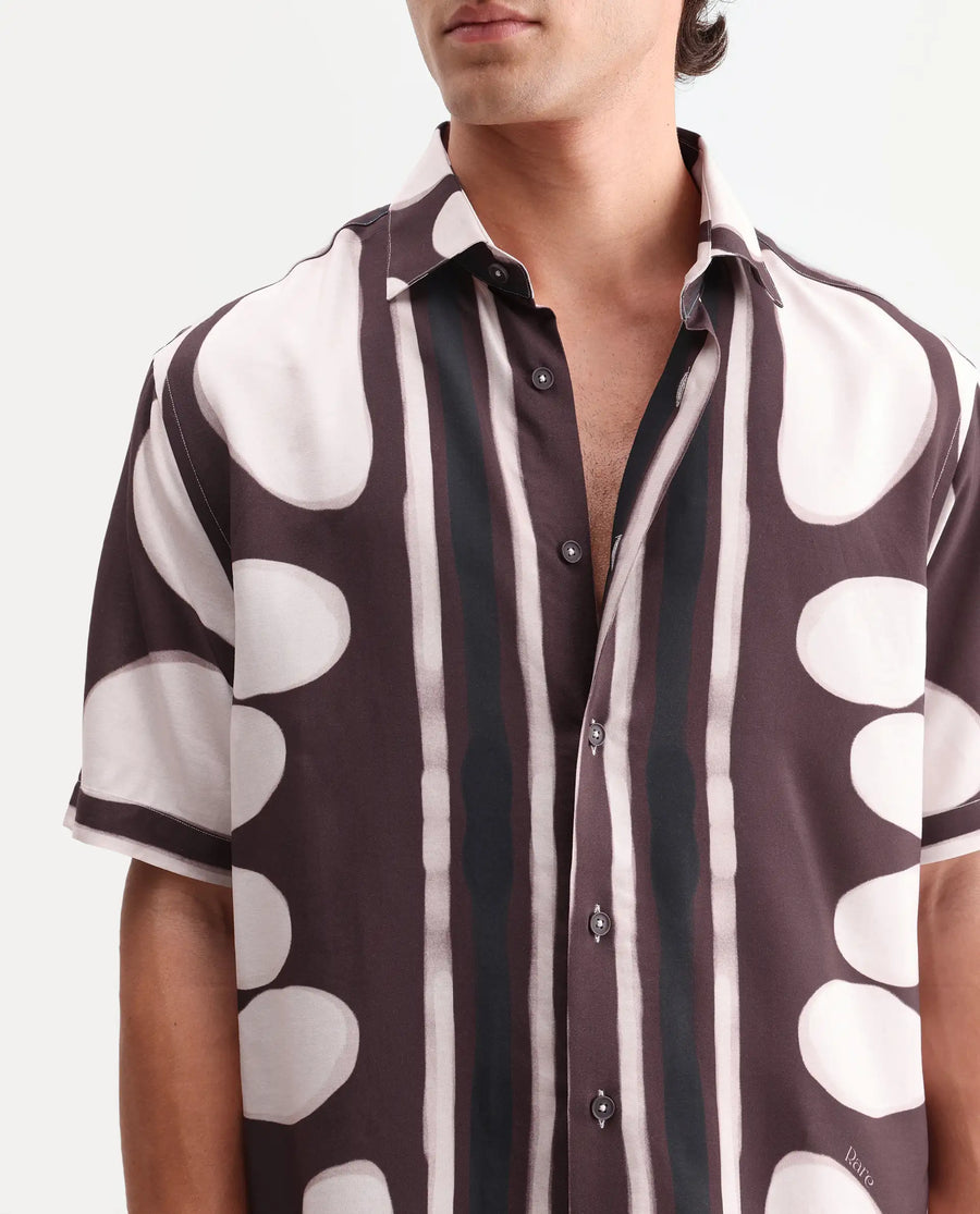 Rare Rabbit Men's Rown Brown Viscose Fabric Spread Collar Regular Abstract Print Shirt