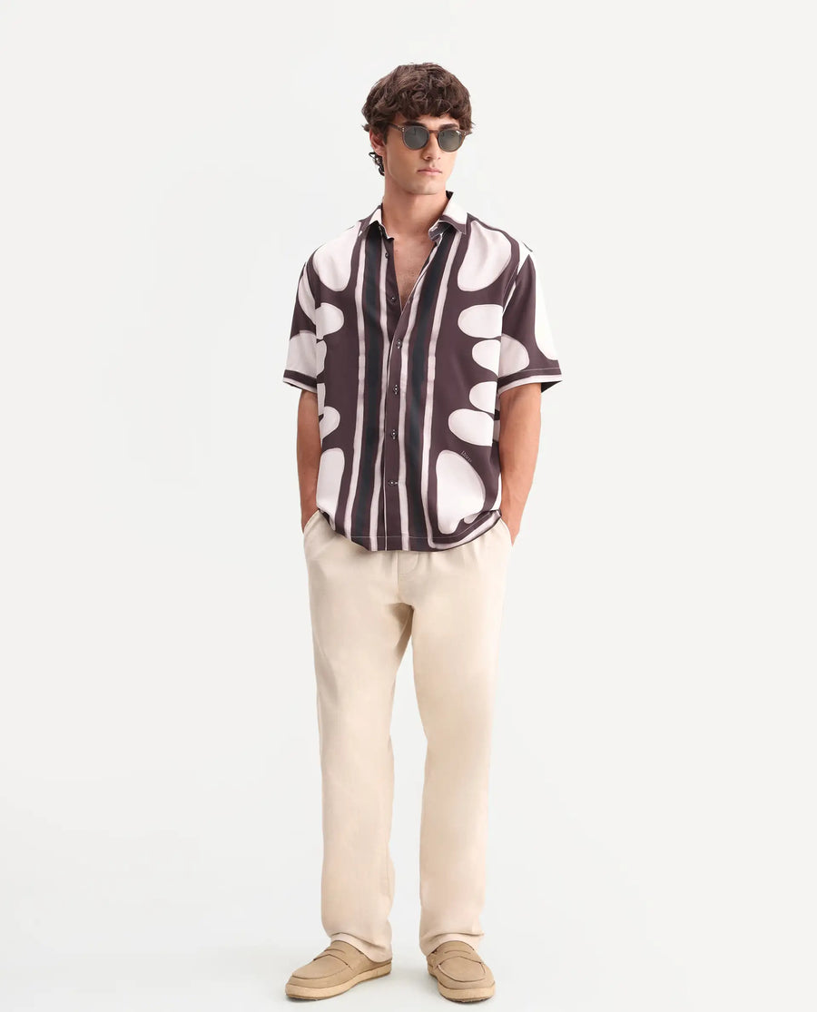 Rare Rabbit Men's Rown Brown Viscose Fabric Spread Collar Regular Abstract Print Shirt