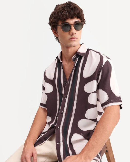 Rare Rabbit Men's Rown Brown Viscose Fabric Spread Collar Regular Abstract Print Shirt
