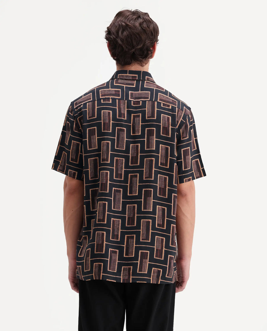 Rare Rabbit Men's Savi Black Viscose Fabric Half Sleeve Spread Collar Regular Geometric Print Shirt
