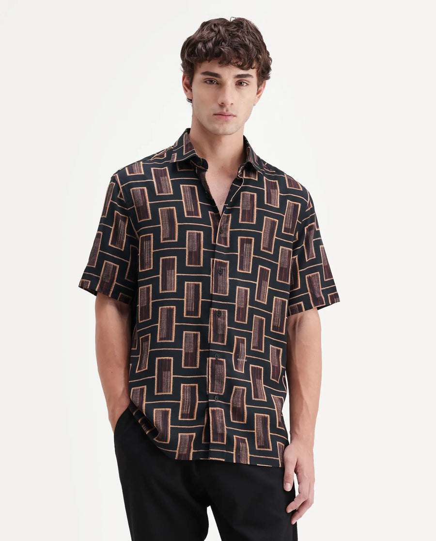 Rare Rabbit Men's Savi Black Viscose Fabric Half Sleeve Spread Collar Regular Geometric Print Shirt