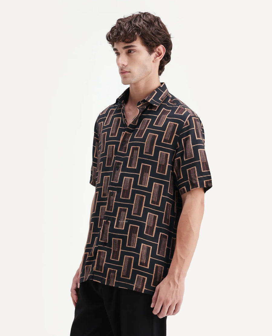 Rare Rabbit Men's Savi Black Viscose Fabric Half Sleeve Spread Collar Regular Geometric Print Shirt