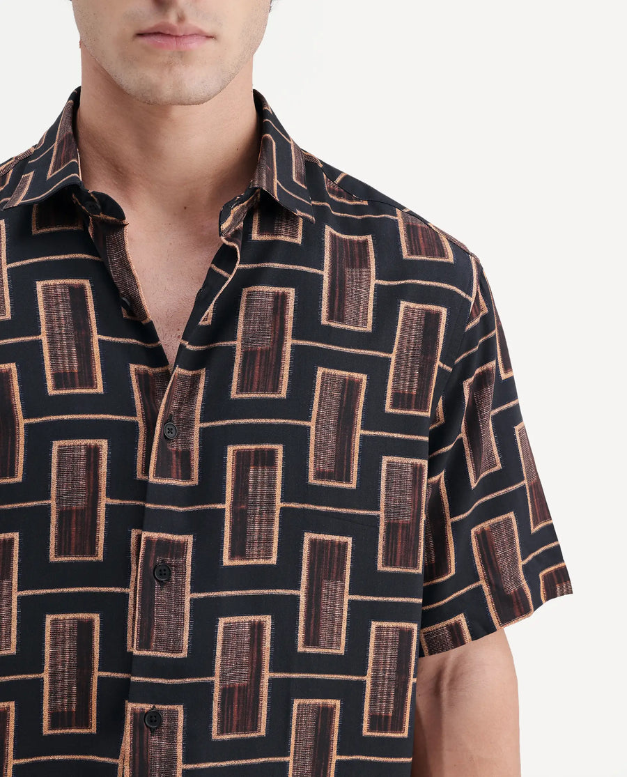 Rare Rabbit Men's Savi Black Viscose Fabric Half Sleeve Spread Collar Regular Geometric Print Shirt