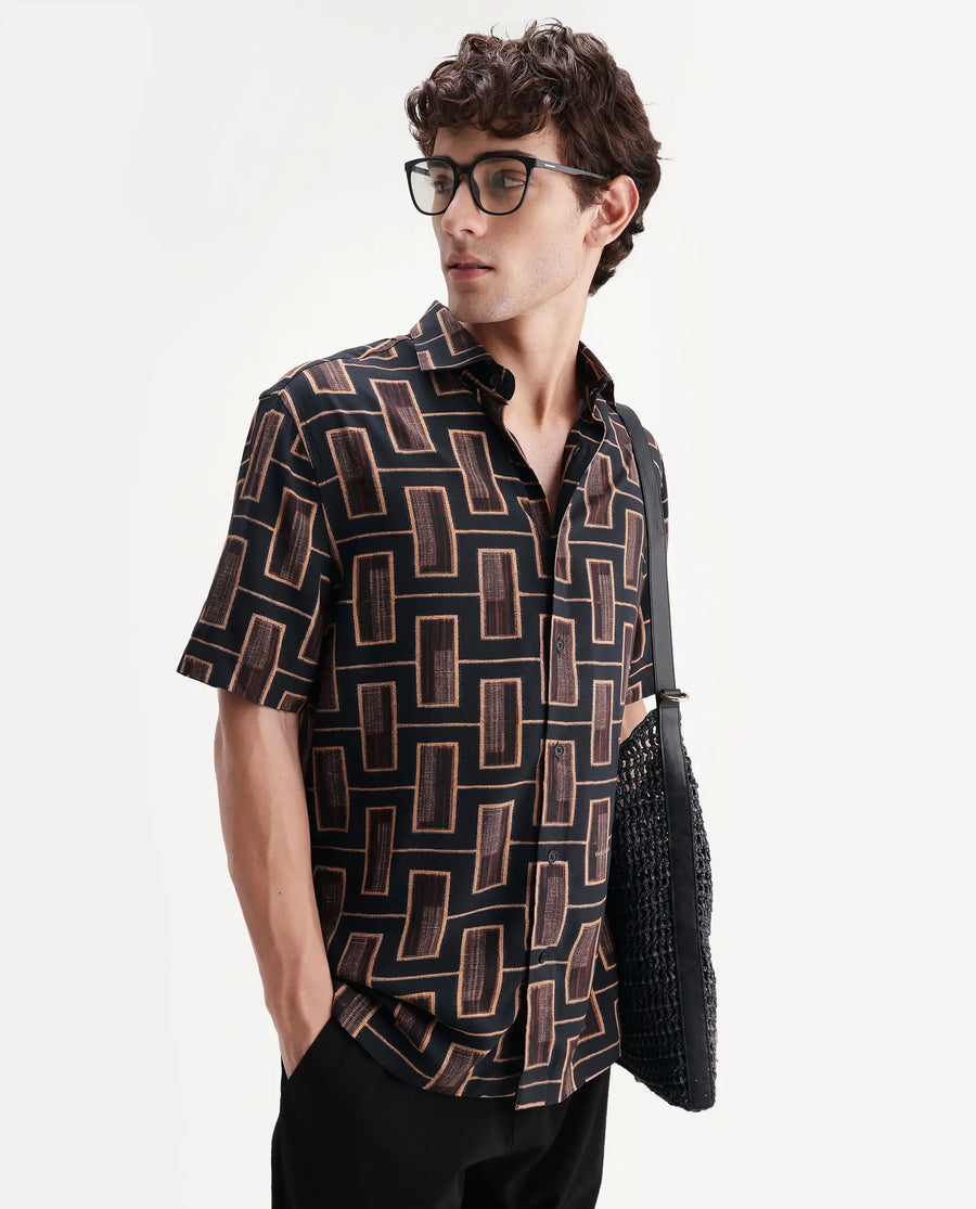 Rare Rabbit Men's Savi Black Viscose Fabric Half Sleeve Spread Collar Regular Geometric Print Shirt
