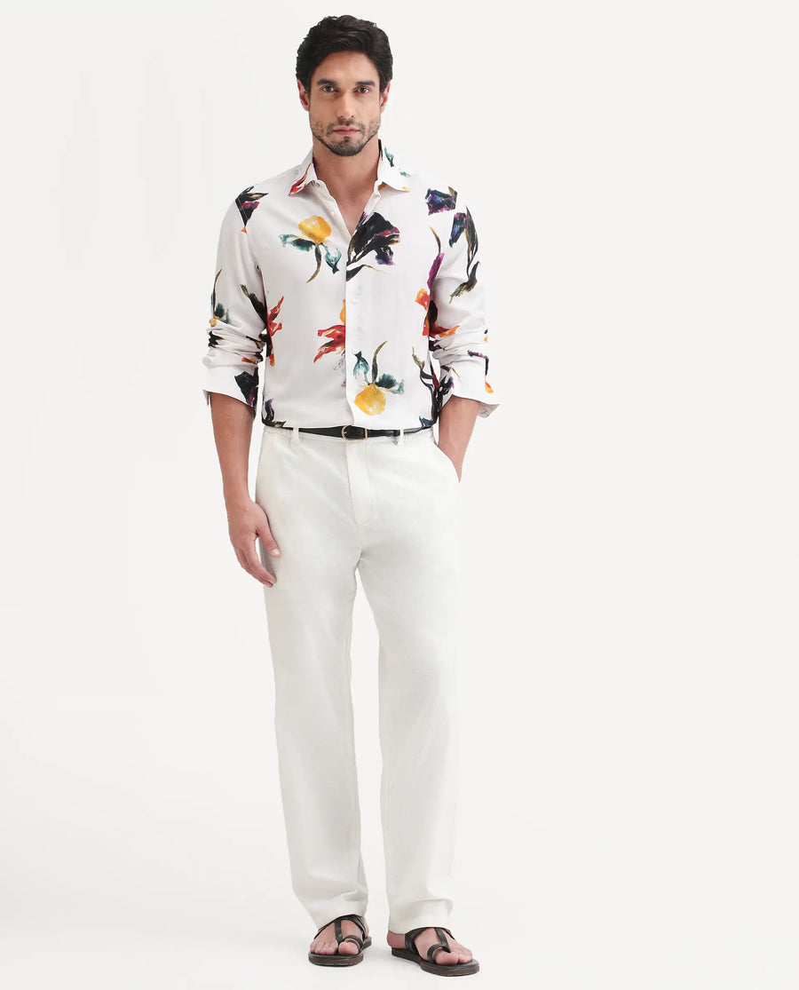 Rare Rabbit Men's Tera White Viscose Fabric Full Sleeve Spread Collar Regular Floral Print Shirt