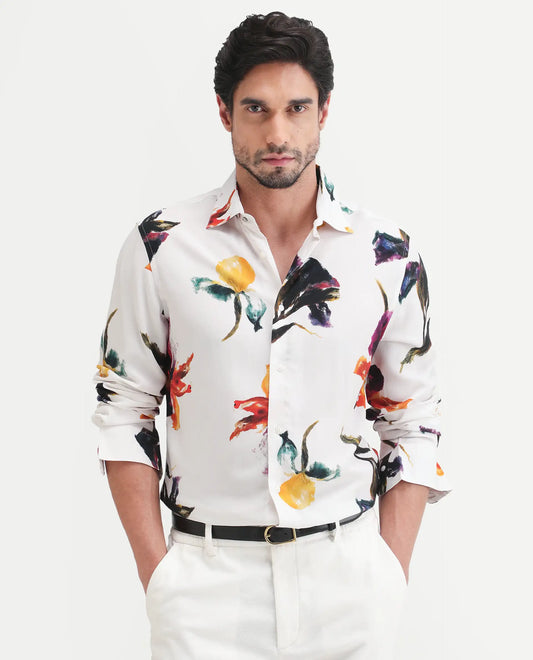 Rare Rabbit Men's Tera White Viscose Fabric Full Sleeve Spread Collar Regular Floral Print Shirt