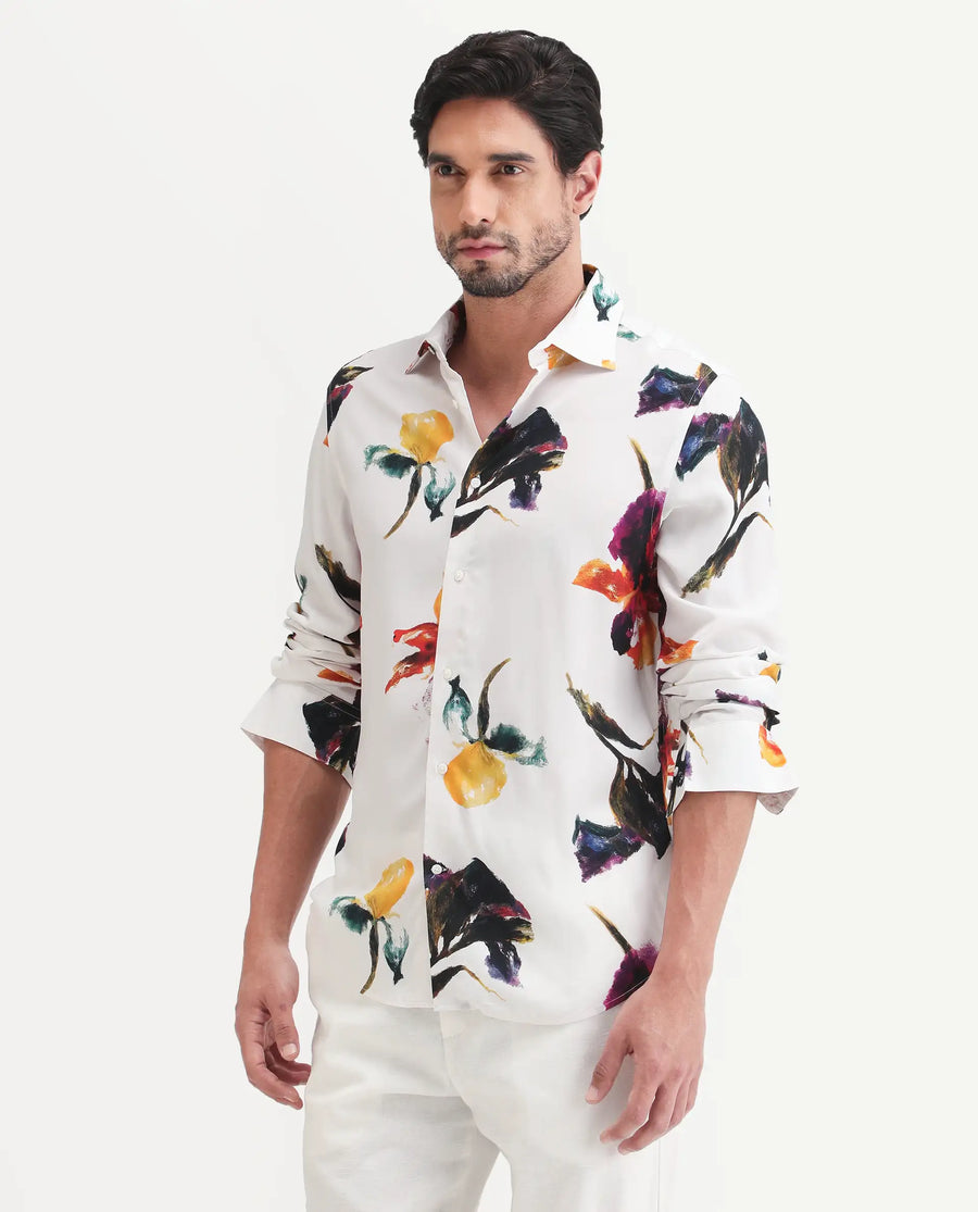 Rare Rabbit Men's Tera White Viscose Fabric Full Sleeve Spread Collar Regular Floral Print Shirt