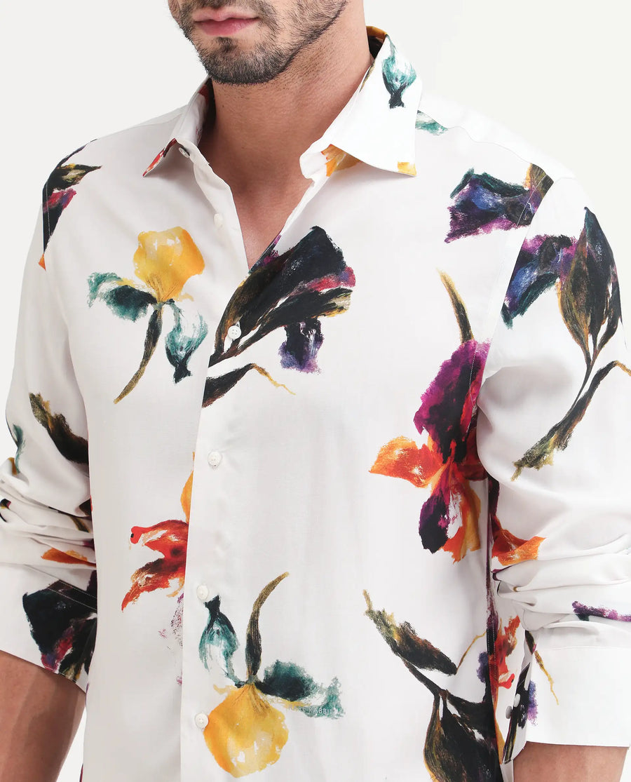Rare Rabbit Men's Tera White Viscose Fabric Full Sleeve Spread Collar Regular Floral Print Shirt