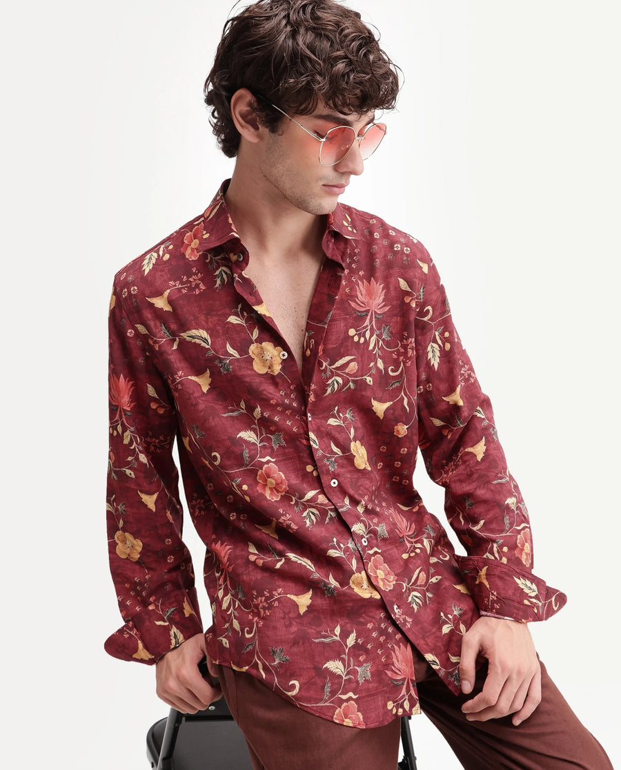Rare Rabbit Men's Frez Dark Red Viscose Fabric Full Sleeve Spread Collar Regular Floral Print Shirt