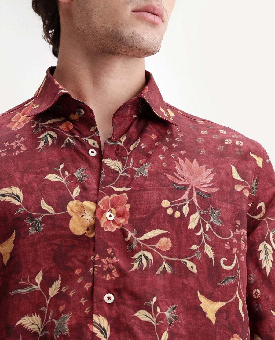 Rare Rabbit Men's Frez Dark Red Viscose Fabric Full Sleeve Spread Collar Regular Floral Print Shirt