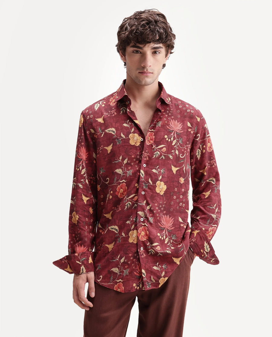 Rare Rabbit Men's Frez Dark Red Viscose Fabric Full Sleeve Spread Collar Regular Floral Print Shirt