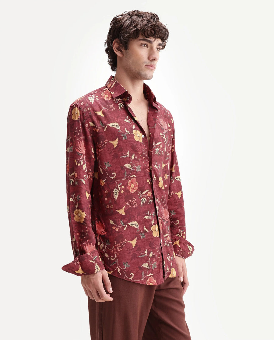 Rare Rabbit Men's Frez Dark Red Viscose Fabric Full Sleeve Spread Collar Regular Floral Print Shirt
