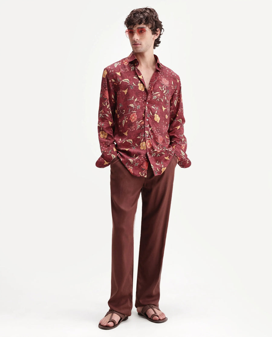 Rare Rabbit Men's Frez Dark Red Viscose Fabric Full Sleeve Spread Collar Regular Floral Print Shirt