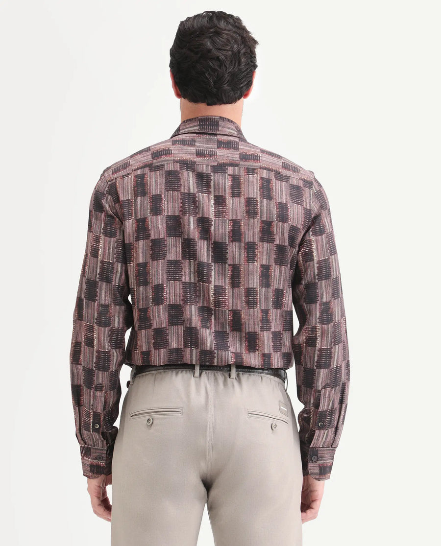 Rare Rabbit Men's Zenat Brown Viscose Fabric Full Sleeve Spread Collar Regular Abstract Print Shirt
