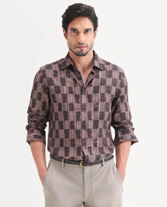 Rare Rabbit Men's Zenat Brown Viscose Fabric Full Sleeve Spread Collar Regular Abstract Print Shirt