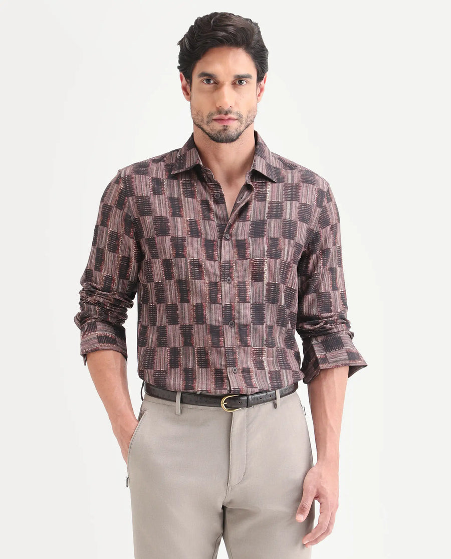 Rare Rabbit Men's Zenat Brown Viscose Fabric Full Sleeve Spread Collar Regular Abstract Print Shirt