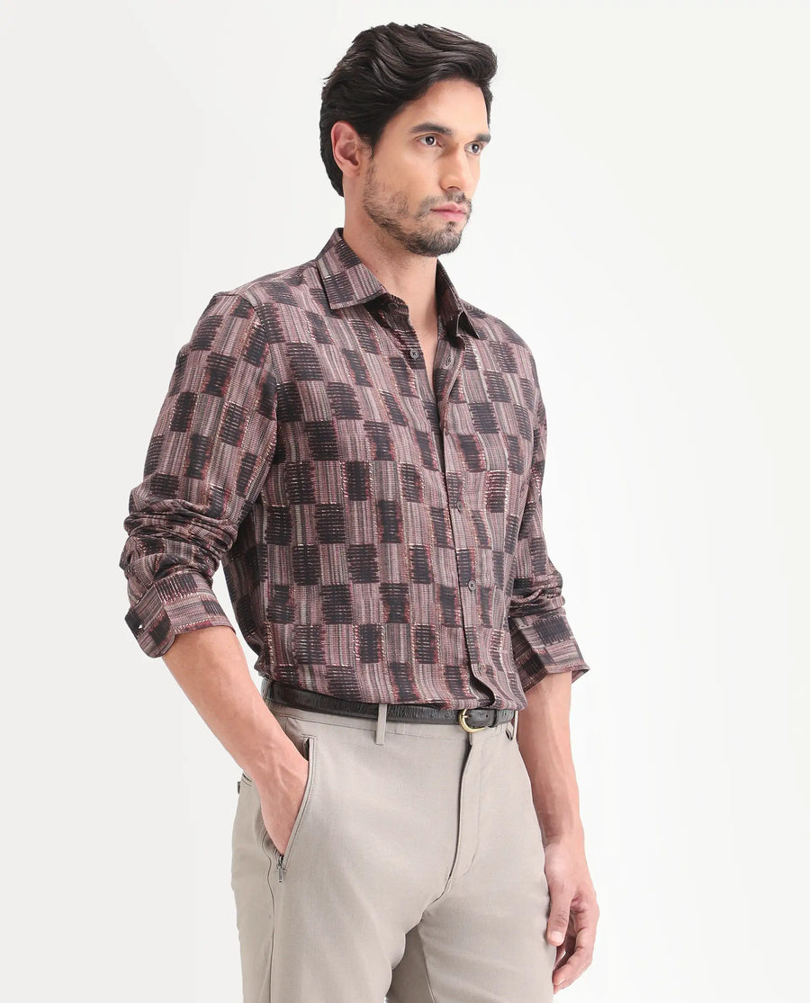 Rare Rabbit Men's Zenat Brown Viscose Fabric Full Sleeve Spread Collar Regular Abstract Print Shirt