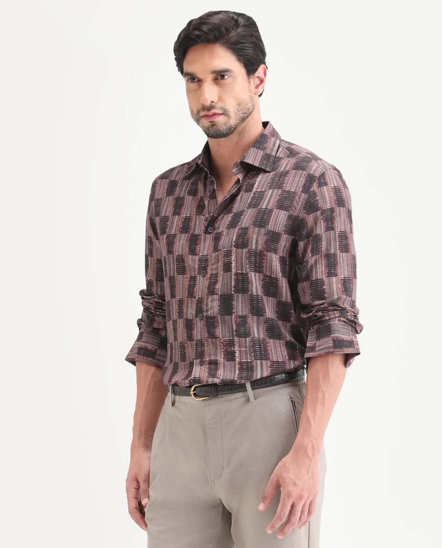 Rare Rabbit Men's Zenat Brown Viscose Fabric Full Sleeve Spread Collar Regular Abstract Print Shirt