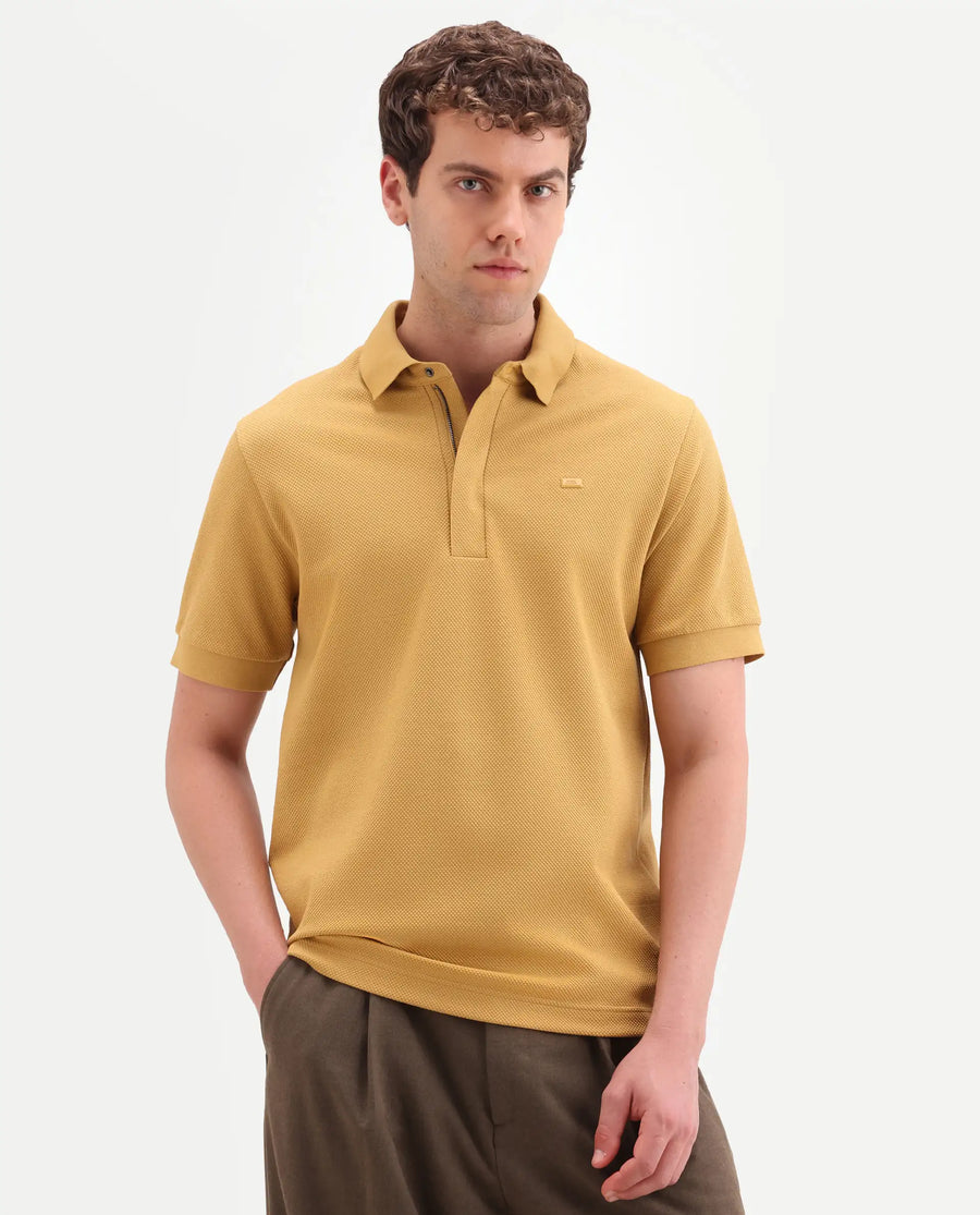 Rare Rabbit Men's Salio Mustard Cotton Blend Fabric Half Sleeve Spread Collar Regular Plain Polo