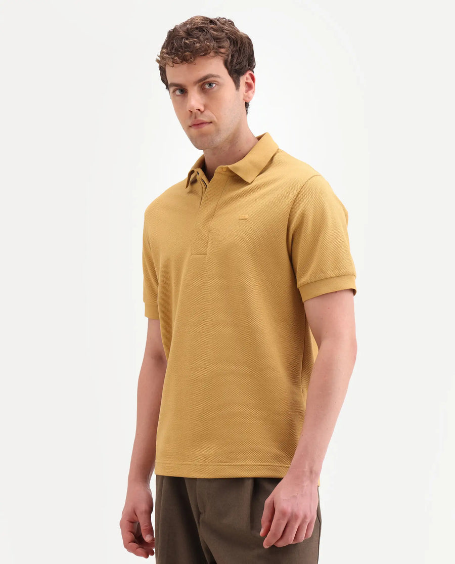 Rare Rabbit Men's Salio Mustard Cotton Blend Fabric Half Sleeve Spread Collar Regular Plain Polo