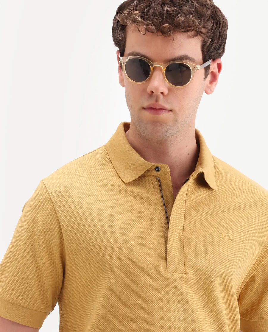 Rare Rabbit Men's Salio Mustard Cotton Blend Fabric Half Sleeve Spread Collar Regular Plain Polo