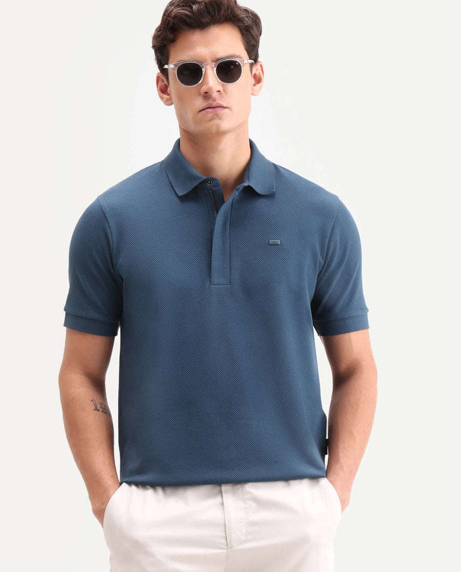 Rare Rabbit Men's Salio Petrol Cotton Blend Fabric Half Sleeve Spread Collar Regular Plain Polo