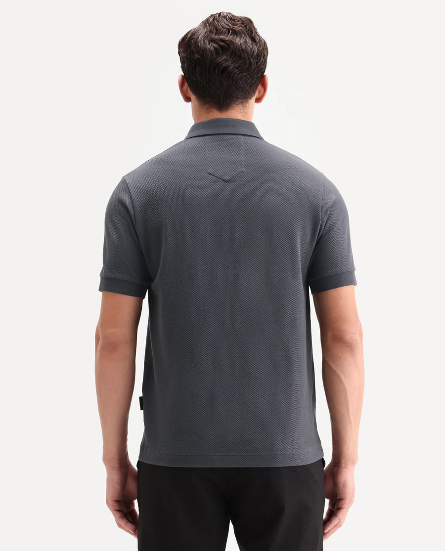 Rare Rabbit Men's Salio Dark Grey Cotton Blend Fabric Half Sleeve Spread Collar Regular Plain Polo