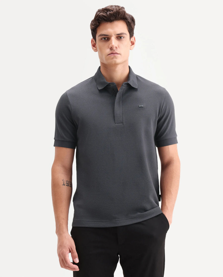 Rare Rabbit Men's Salio Dark Grey Cotton Blend Fabric Half Sleeve Spread Collar Regular Plain Polo
