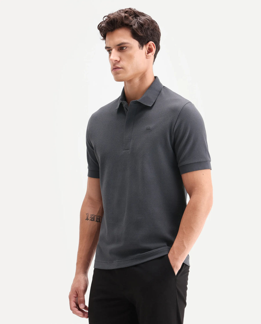 Rare Rabbit Men's Salio Dark Grey Cotton Blend Fabric Half Sleeve Spread Collar Regular Plain Polo