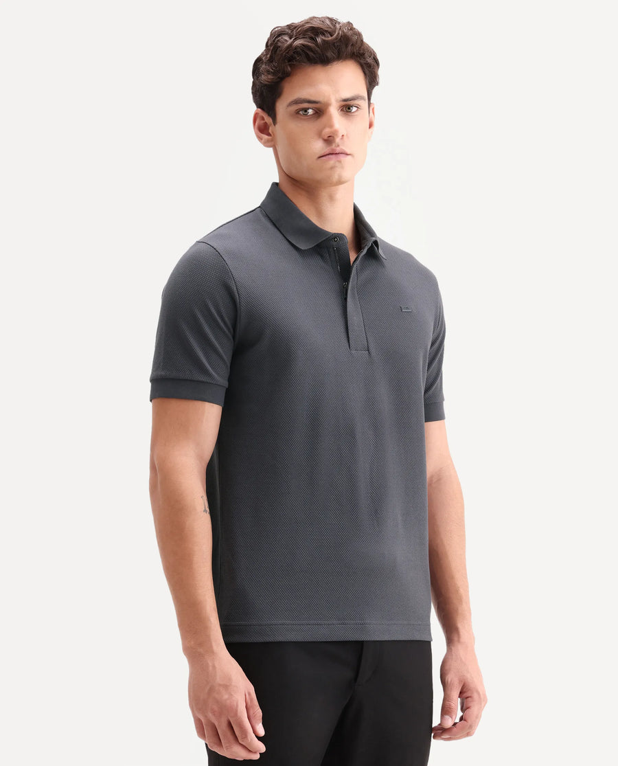 Rare Rabbit Men's Salio Dark Grey Cotton Blend Fabric Half Sleeve Spread Collar Regular Plain Polo