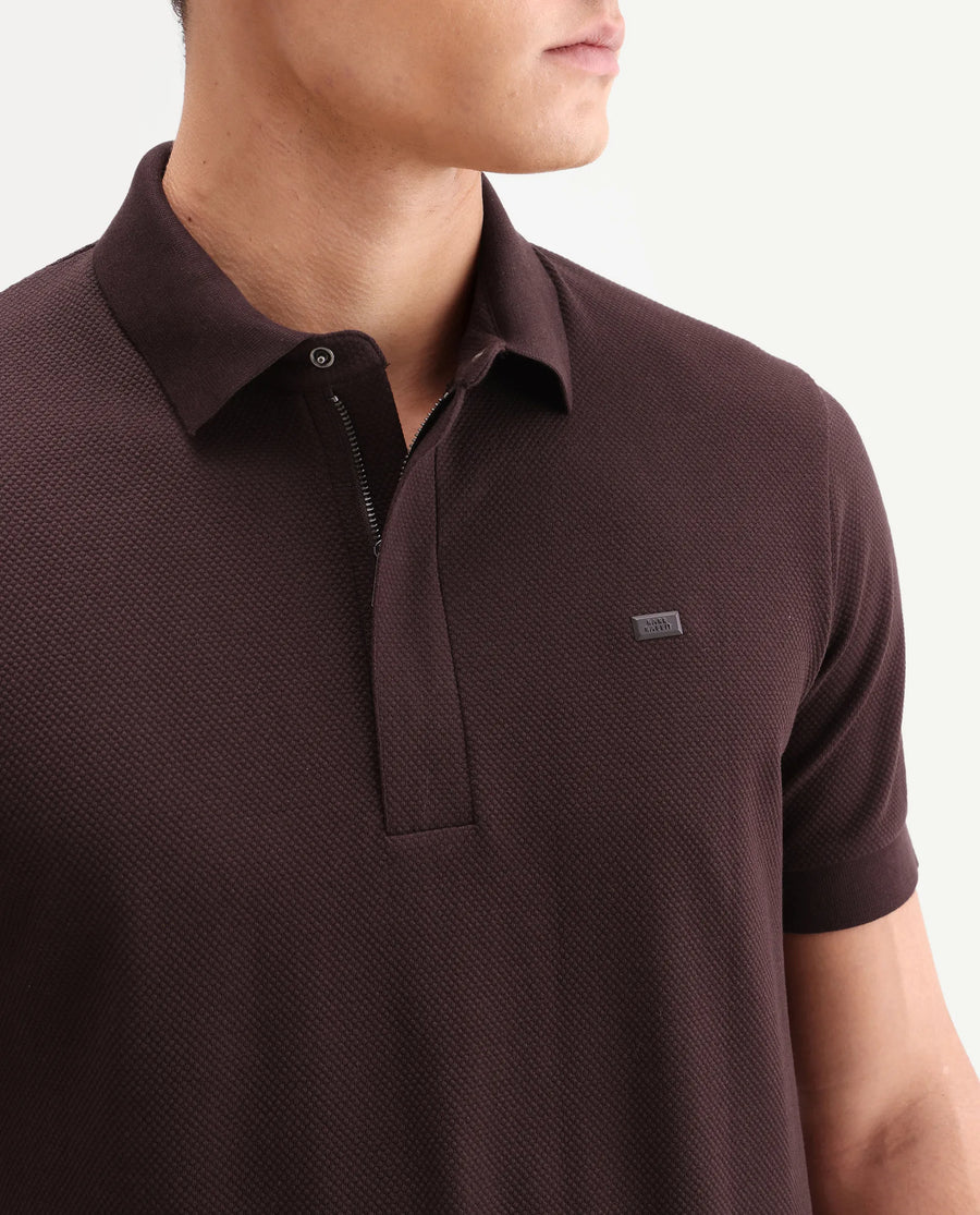 Rare Rabbit Men's Salio Dark Brown Cotton Blend Fabric Half Sleeve Spread Collar Regular Plain Polo