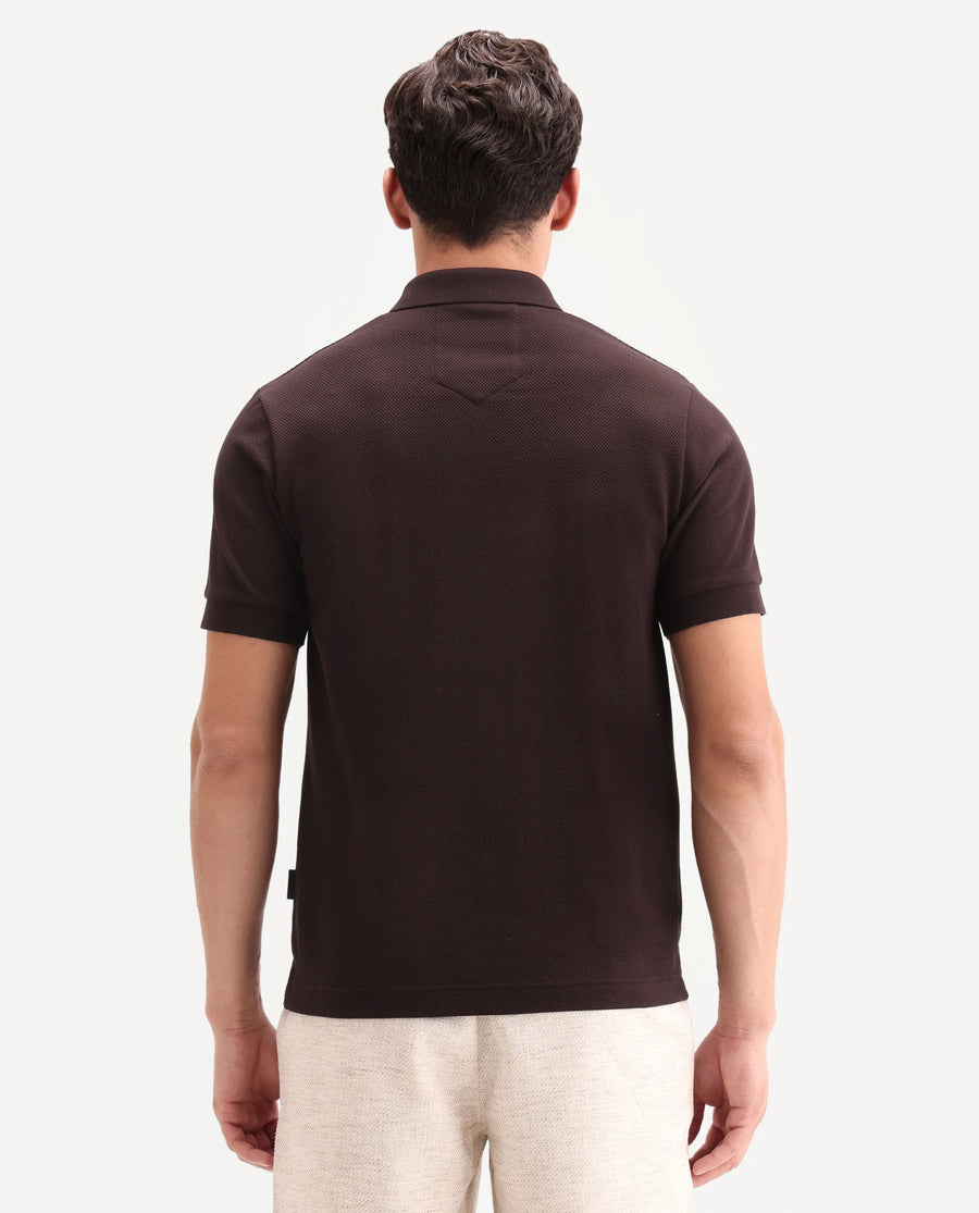 Rare Rabbit Men's Salio Dark Brown Cotton Blend Fabric Half Sleeve Spread Collar Regular Plain Polo