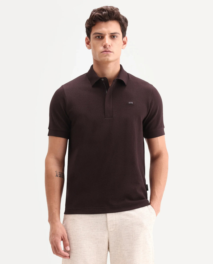 Rare Rabbit Men's Salio Dark Brown Cotton Blend Fabric Half Sleeve Spread Collar Regular Plain Polo