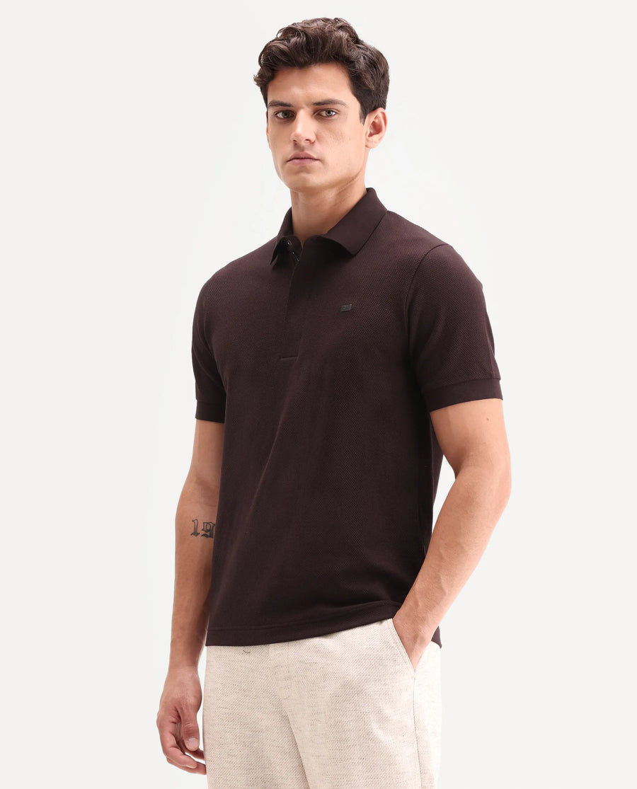 Rare Rabbit Men's Salio Dark Brown Cotton Blend Fabric Half Sleeve Spread Collar Regular Plain Polo