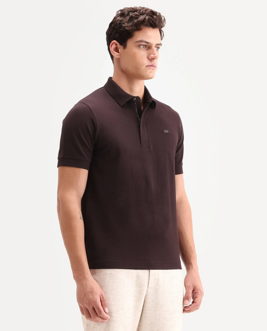 Rare Rabbit Men's Salio Dark Brown Cotton Blend Fabric Half Sleeve Spread Collar Regular Plain Polo