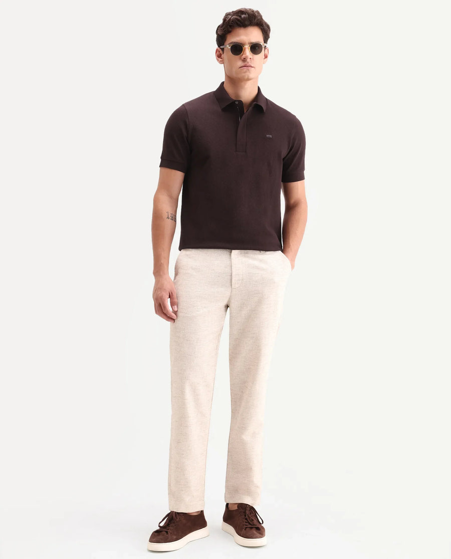 Rare Rabbit Men's Salio Dark Brown Cotton Blend Fabric Half Sleeve Spread Collar Regular Plain Polo