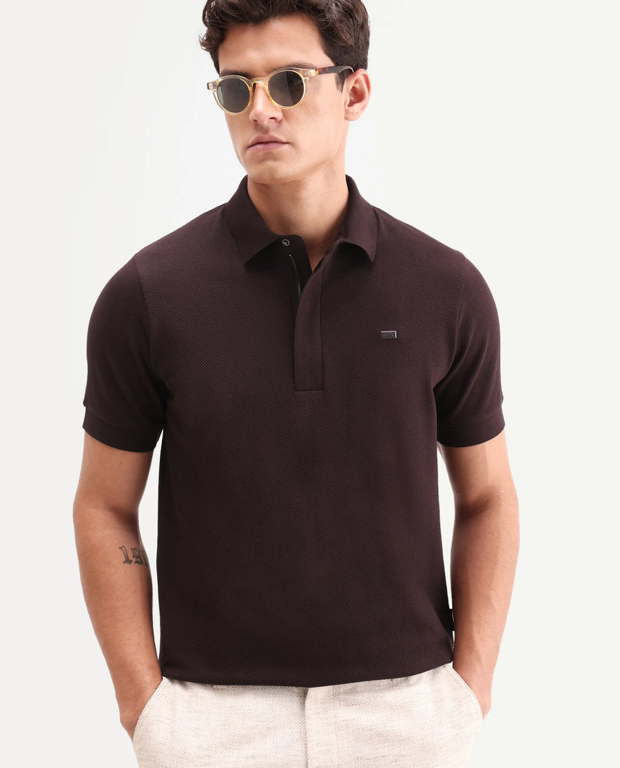 Rare Rabbit Men's Salio Dark Brown Cotton Blend Fabric Half Sleeve Spread Collar Regular Plain Polo