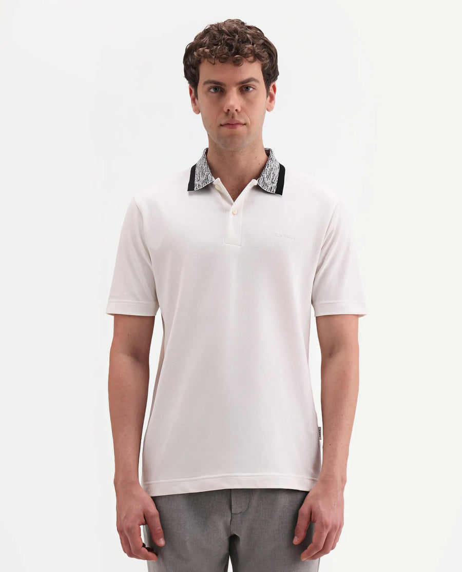 Rare Rabbit Men's Spalo White Cotton Blend Fabric Half Sleeve Spread Collar Regular Plain Polo