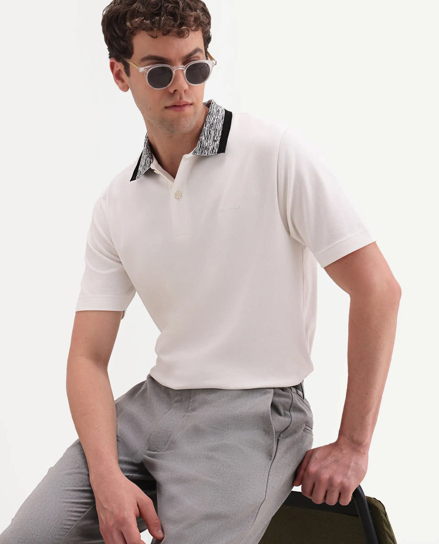 Rare Rabbit Men's Spalo White Cotton Blend Fabric Half Sleeve Spread Collar Regular Plain Polo