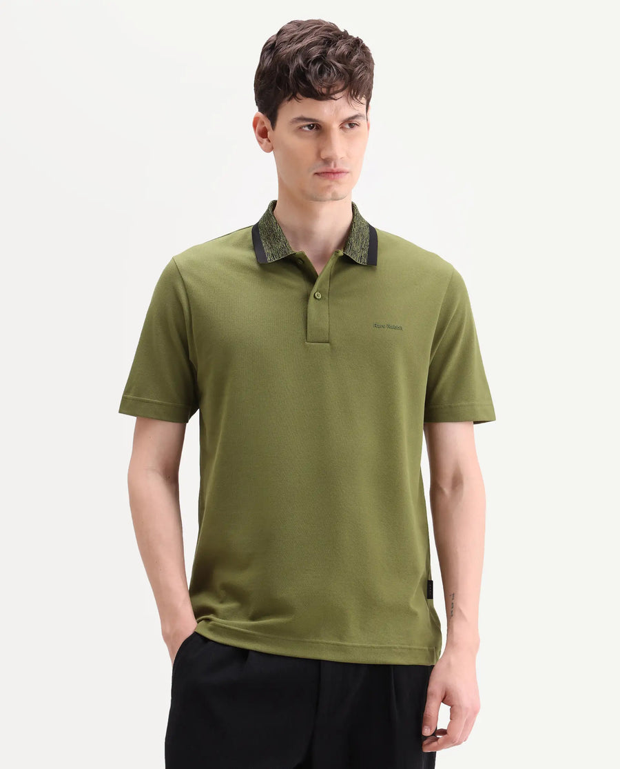 Rare Rabbit Men's Spalo Dark Green Cotton Blend Fabric Half Sleeve Spread Collar Regular Plain Polo