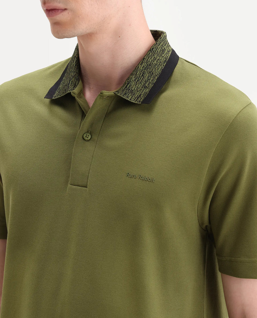 Rare Rabbit Men's Spalo Dark Green Cotton Blend Fabric Half Sleeve Spread Collar Regular Plain Polo