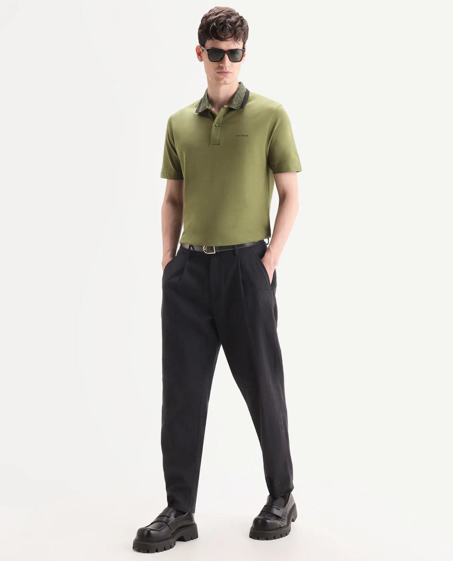Rare Rabbit Men's Spalo Dark Green Cotton Blend Fabric Half Sleeve Spread Collar Regular Plain Polo
