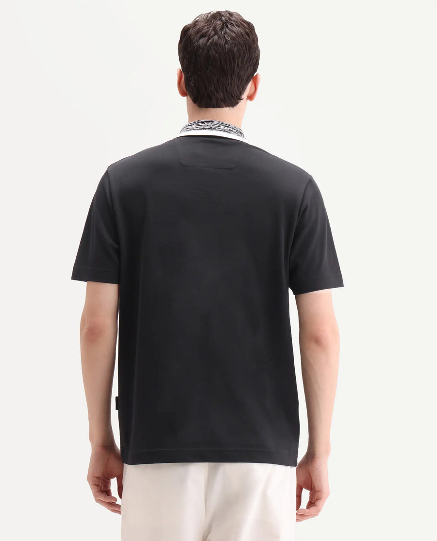 Rare Rabbit Men's Spalo Black Cotton Blend Fabric Half Sleeve Spread Collar Regular Plain Polo