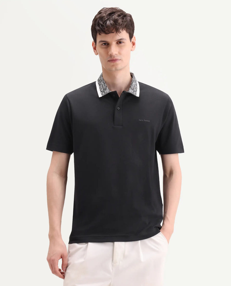 Rare Rabbit Men's Spalo Black Cotton Blend Fabric Half Sleeve Spread Collar Regular Plain Polo