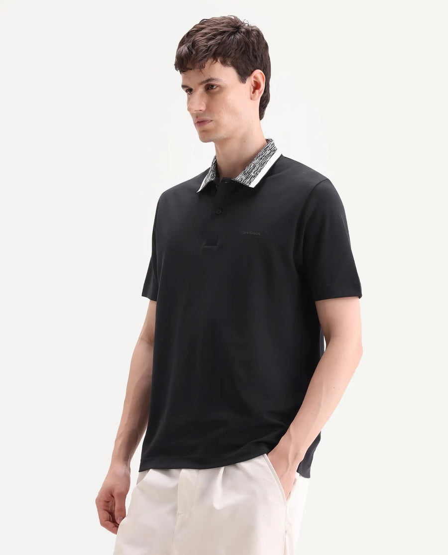 Rare Rabbit Men's Spalo Black Cotton Blend Fabric Half Sleeve Spread Collar Regular Plain Polo