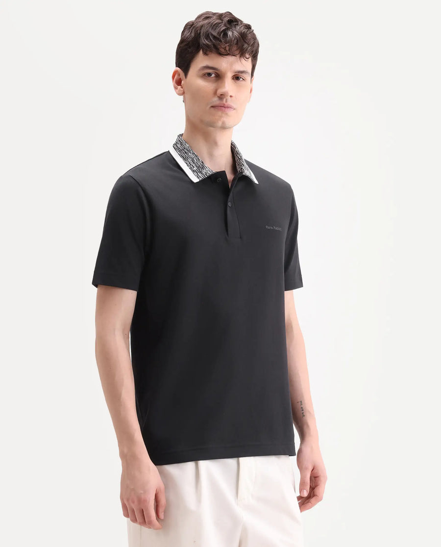 Rare Rabbit Men's Spalo Black Cotton Blend Fabric Half Sleeve Spread Collar Regular Plain Polo